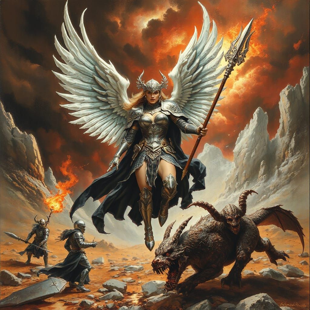 Valkyrie Leads Spectral Knights in Frazetta Style