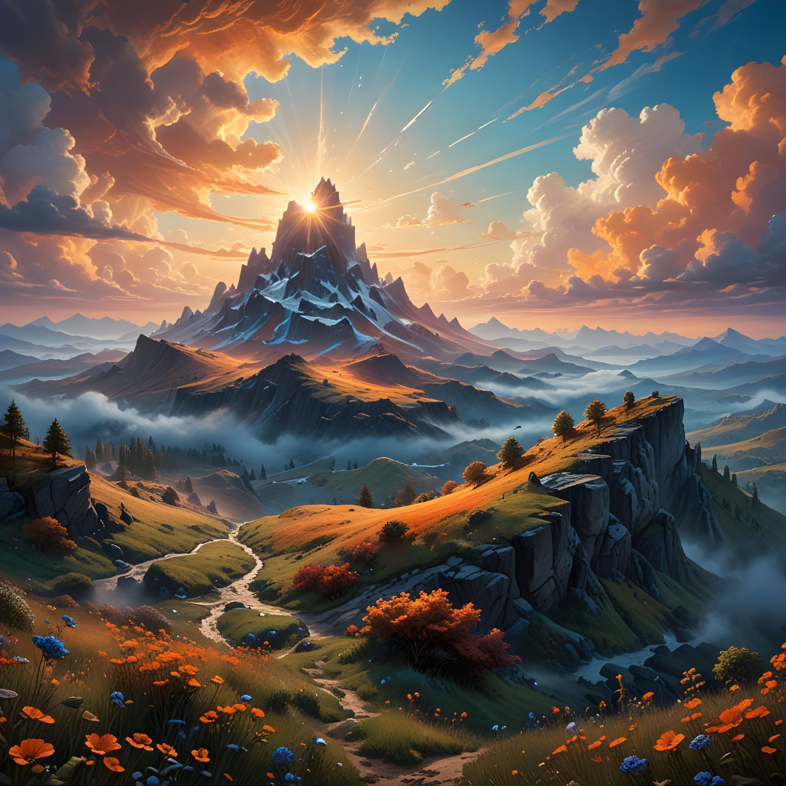 Epic Sunrise Landscape in Vibrant Oil Painting Style