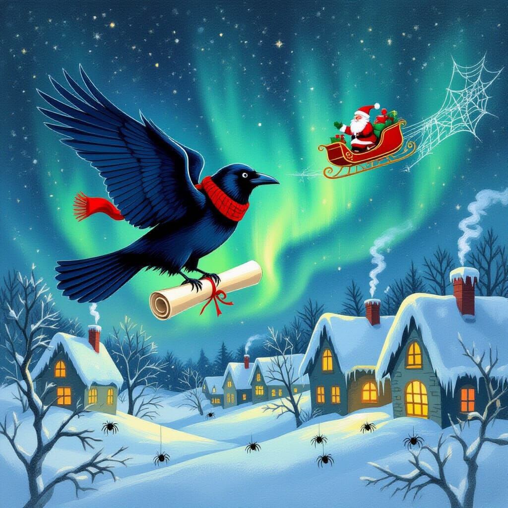 Raven Messenger with Scroll in Aurora Night Sky