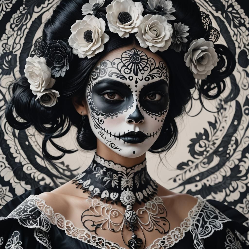 Lithuanian Woman in Catrina Costume, Hyper-Realistic Portrai...