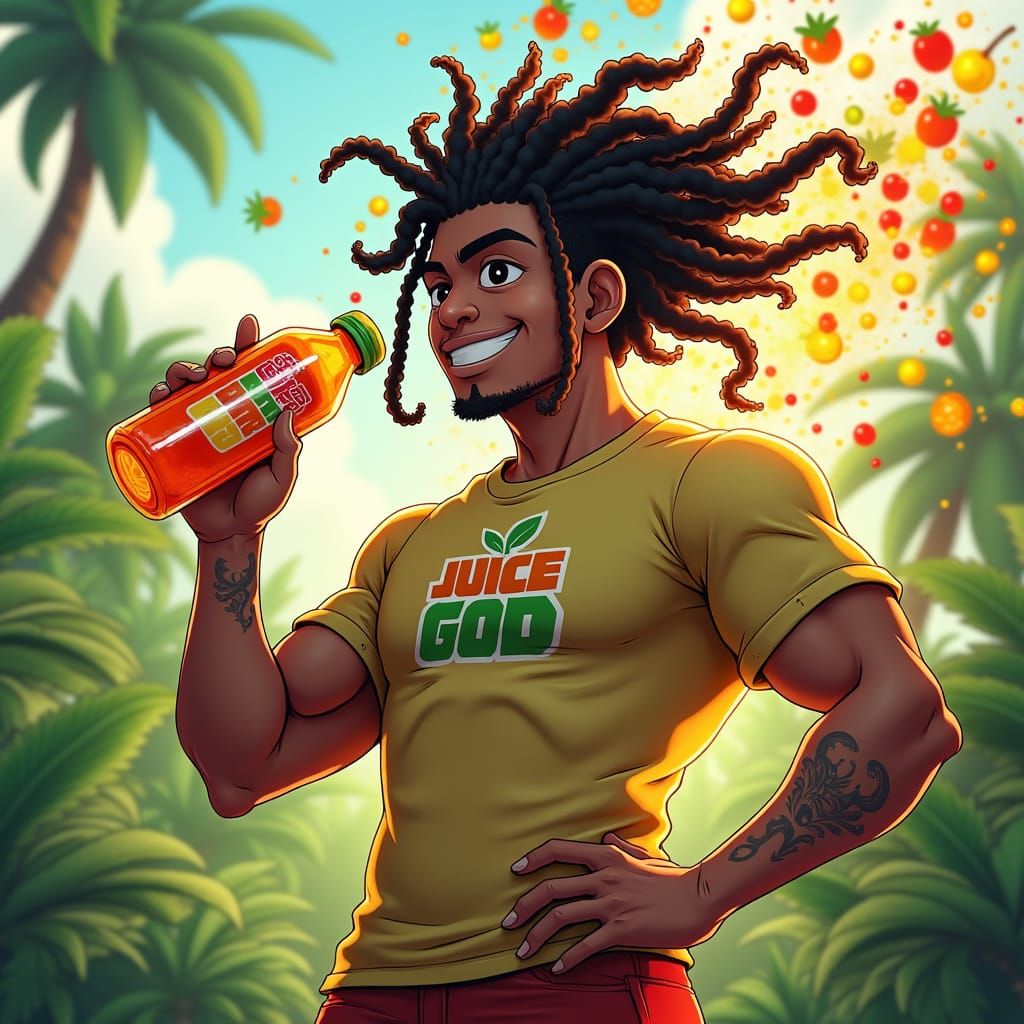 Animated Character Bursting with Energy at Juice Bar