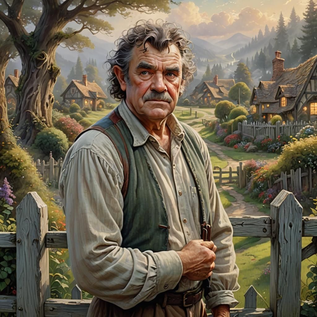 Grumpy Hobbit in Ethereal Fantasy Landscape