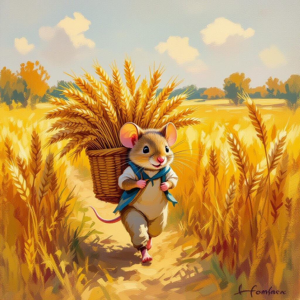 Mouse Carries Wheat Harvest in Golden Autumn Field