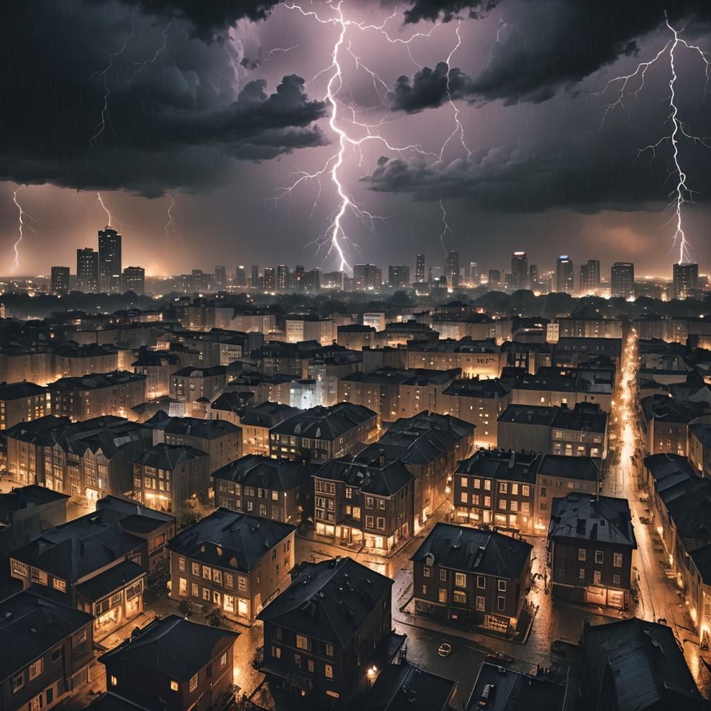 Horror Cityscape in Thunderstorm at Night