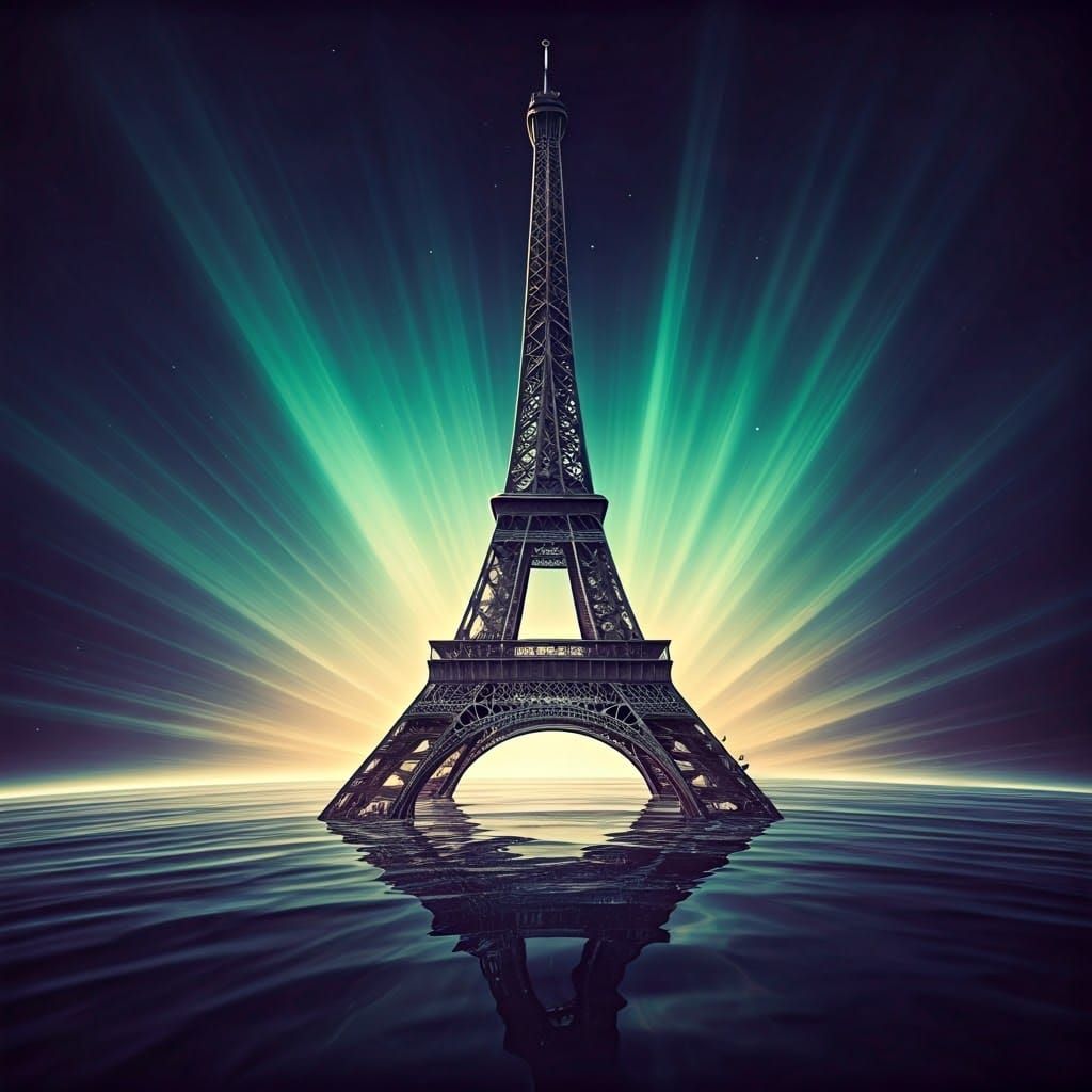 Dystopian Eiffel Tower in Iridescent Nebula