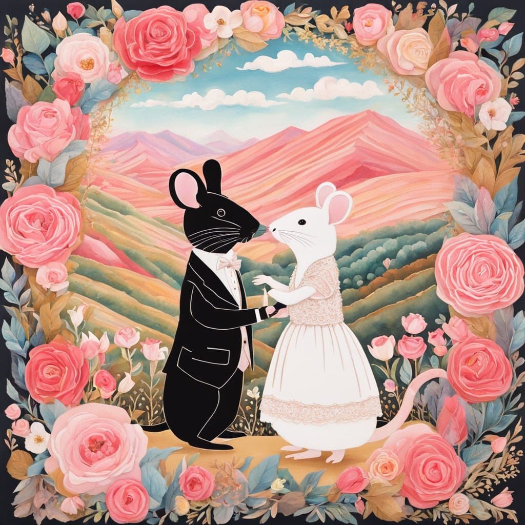 Whimsical Wedding Scene of Mice in Vibrant, Fantastical Land...