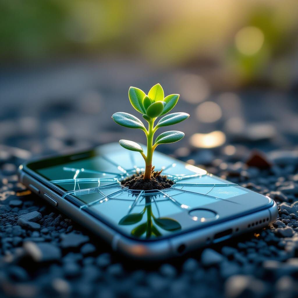 Succulent Growing From Broken Smartphone Screen