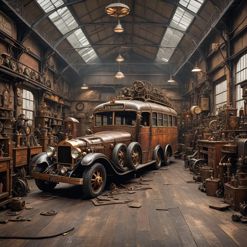 Steampunk Victorian Bus in Vintage Garage