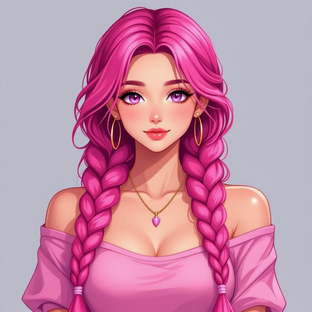 Woman with Pink Braided Hair in Anime Style