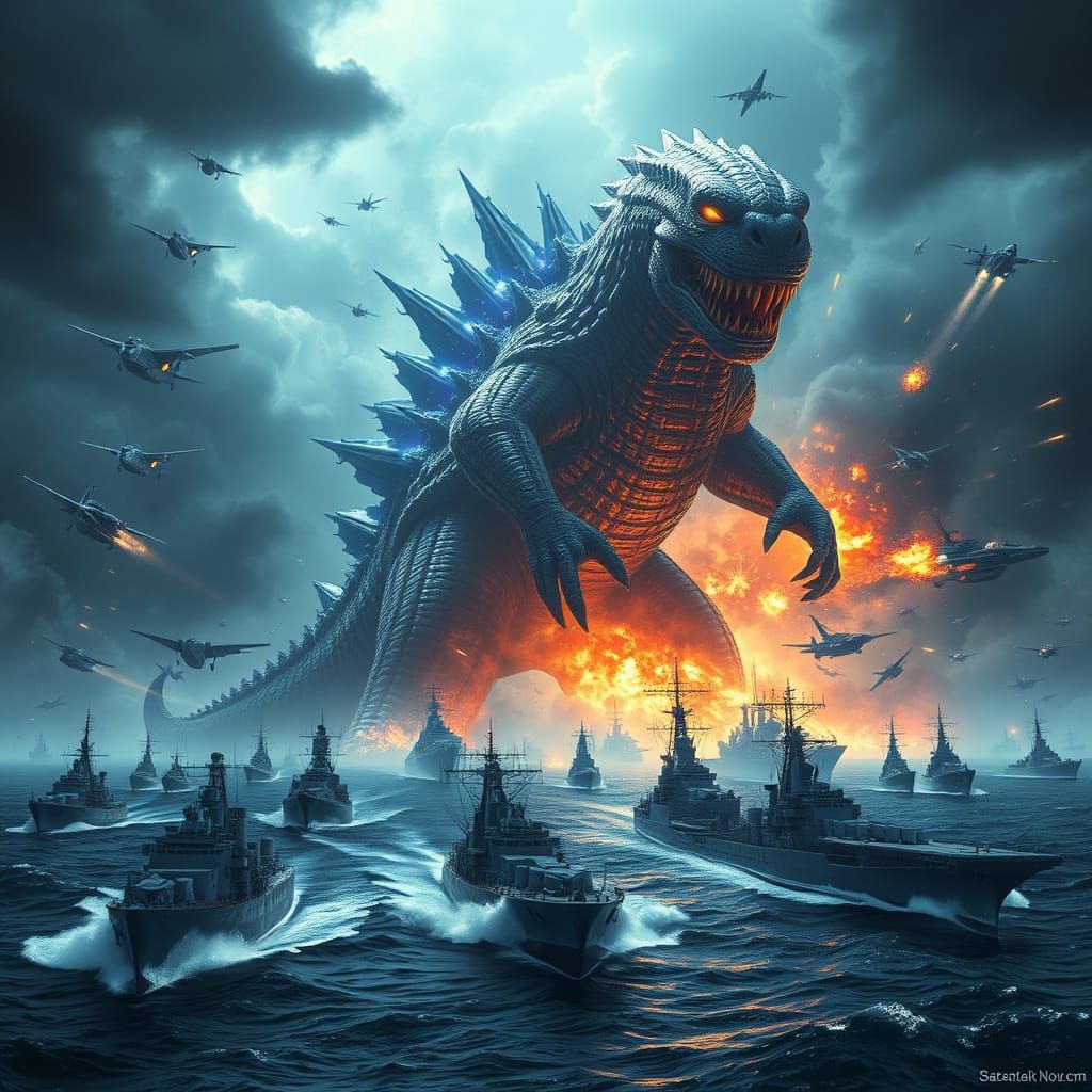 Massive Naval Battle Against a Kaiju in a Photorealistic, Ci...