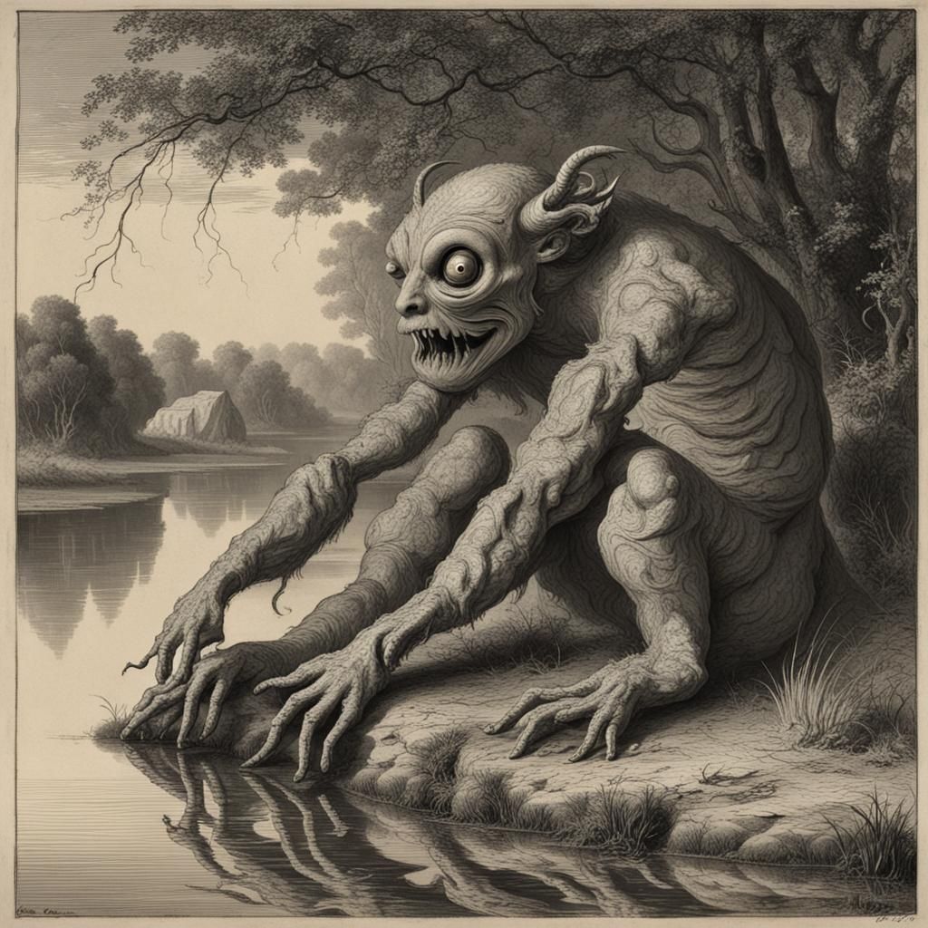 Grotesque Creature Gazing at River Reflection