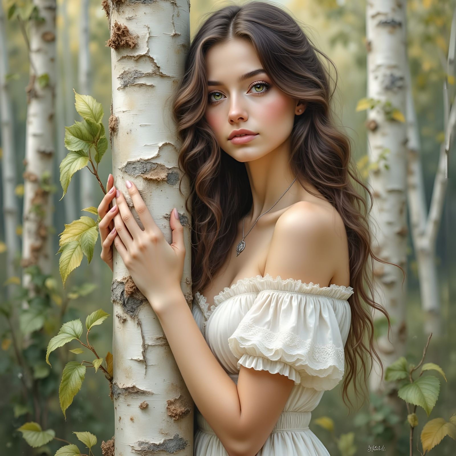 Woman Embraces Birch Tree in Sunlit Forest