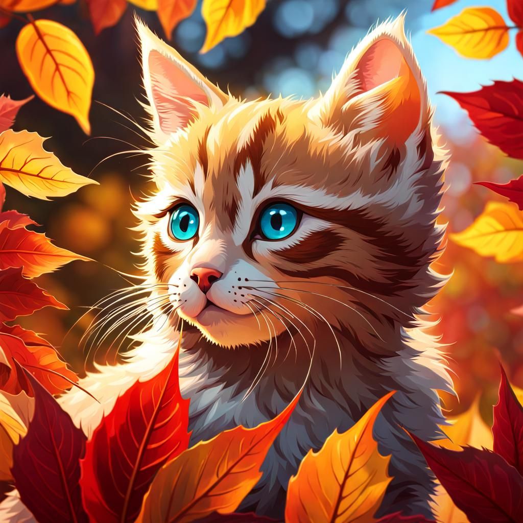 Sweet ginger tabby in the autumn leaves