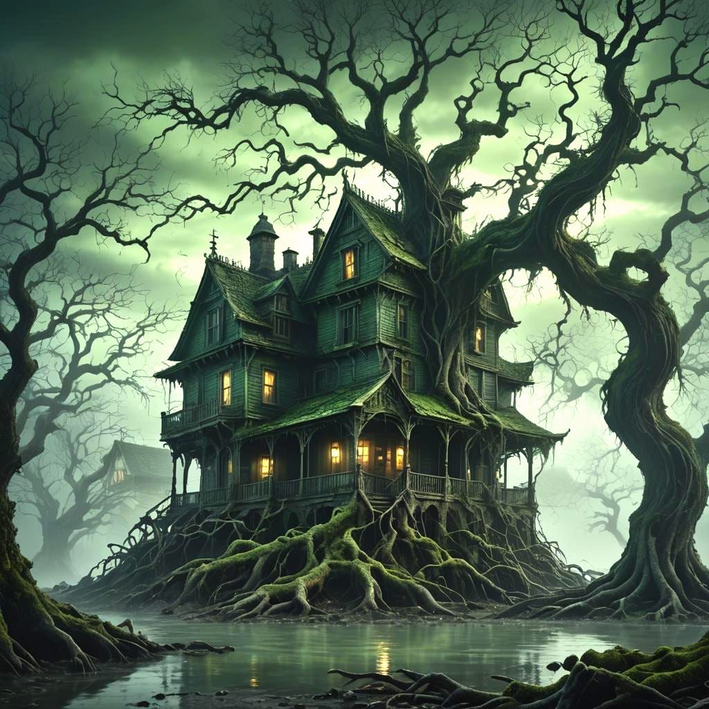 Haunted Seaside House with Dramatic Lighting