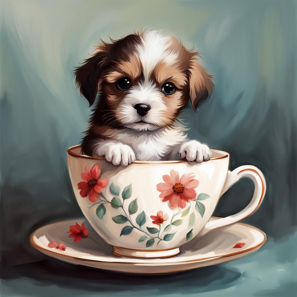 Puppy Comfortably Resting in Teacup Painting