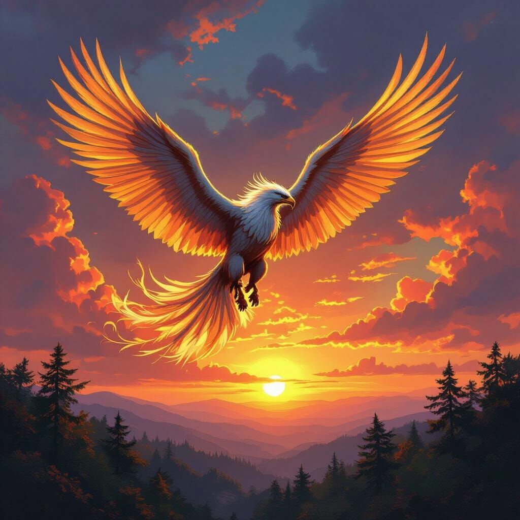 Griffin Soaring Through Sunset Sky in Fantasy Art Style