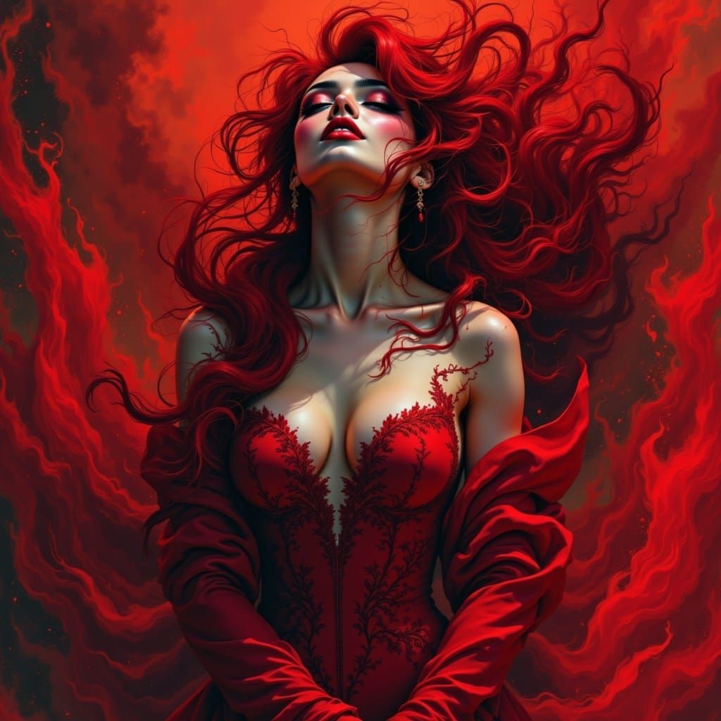 Ethereal Warrior Unleashes Crimson Fury Amidst Darkening Ski...