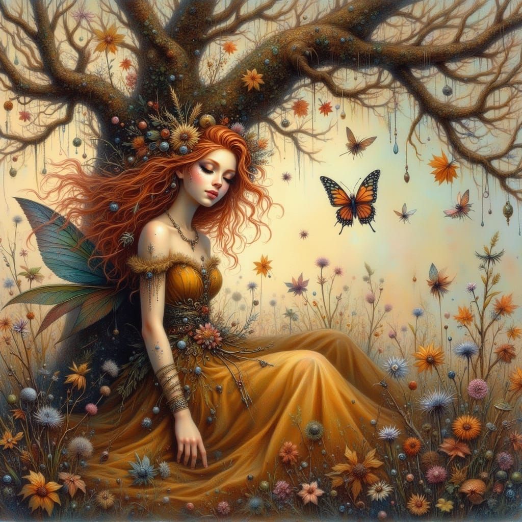 Woman in Autumn Gown Under Oak Tree