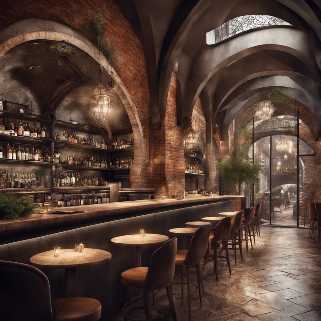 Modern Madrid Restaurant Interior with Arches: Digital Art