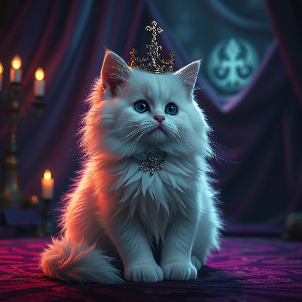 Whimsical White Kitty in Enchanted, Lavish Setting