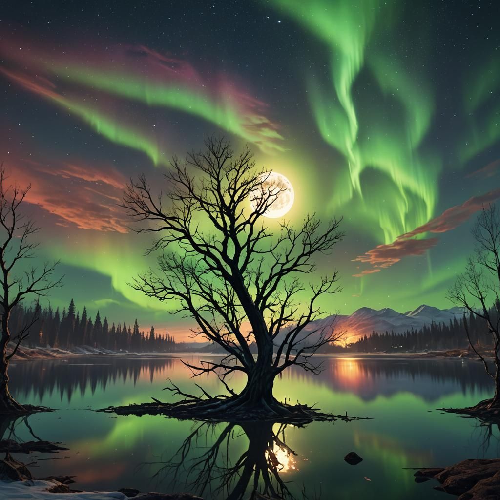 Fiery Lake Under Aurora Borealis in Unreal Engine