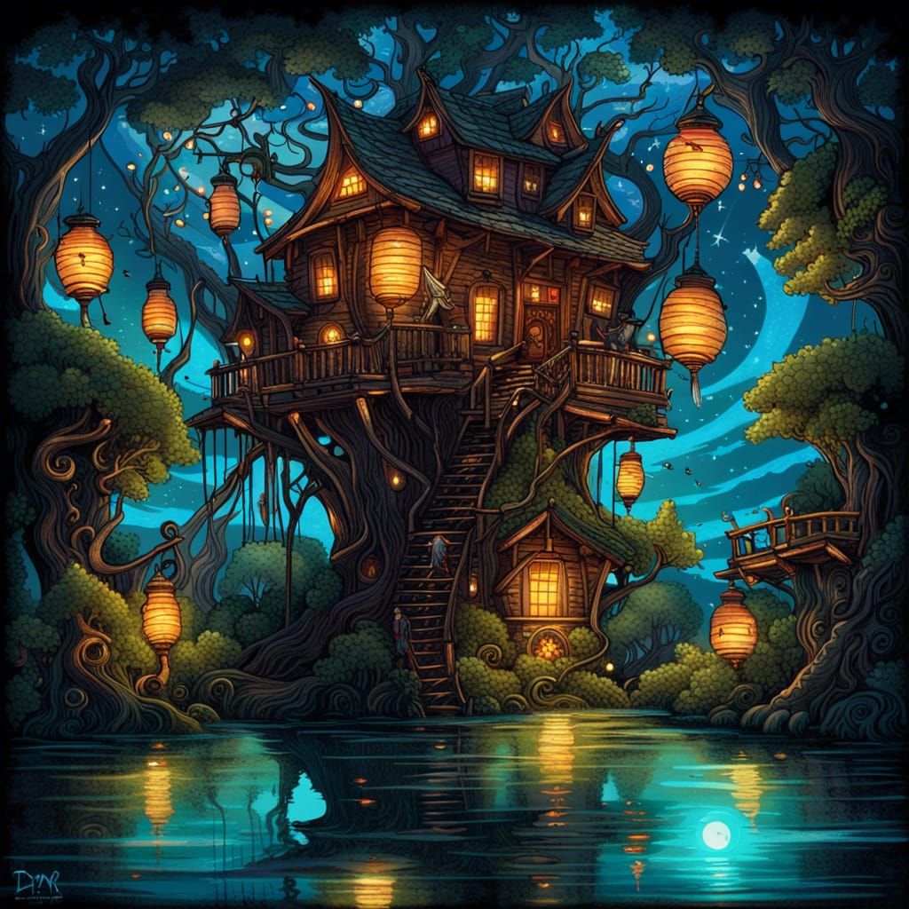 Enchanted Fairy Treehouse by Bioluminescent Lagoon