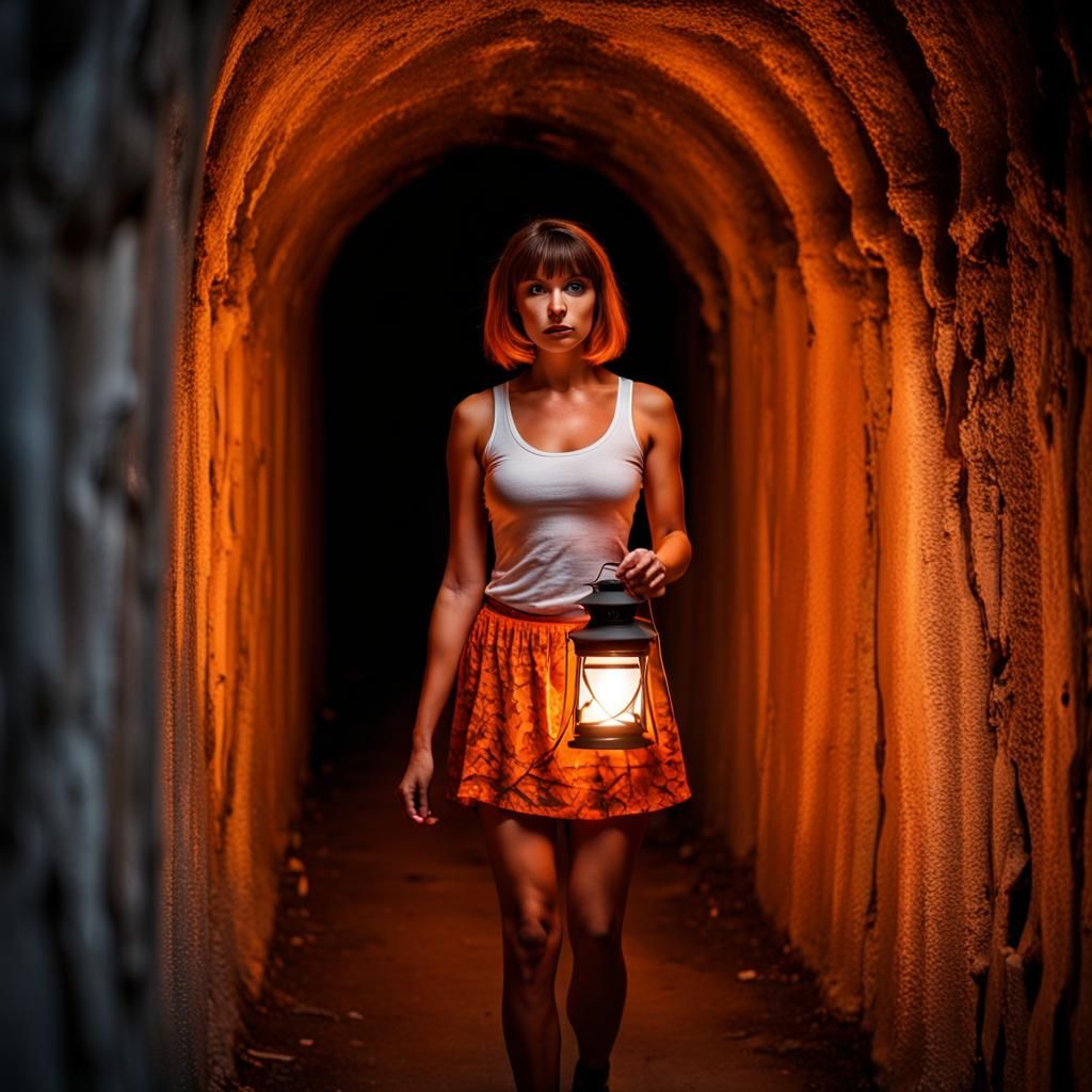 Velma Explores Wonderland Tunnel in Hyperrealistic Style