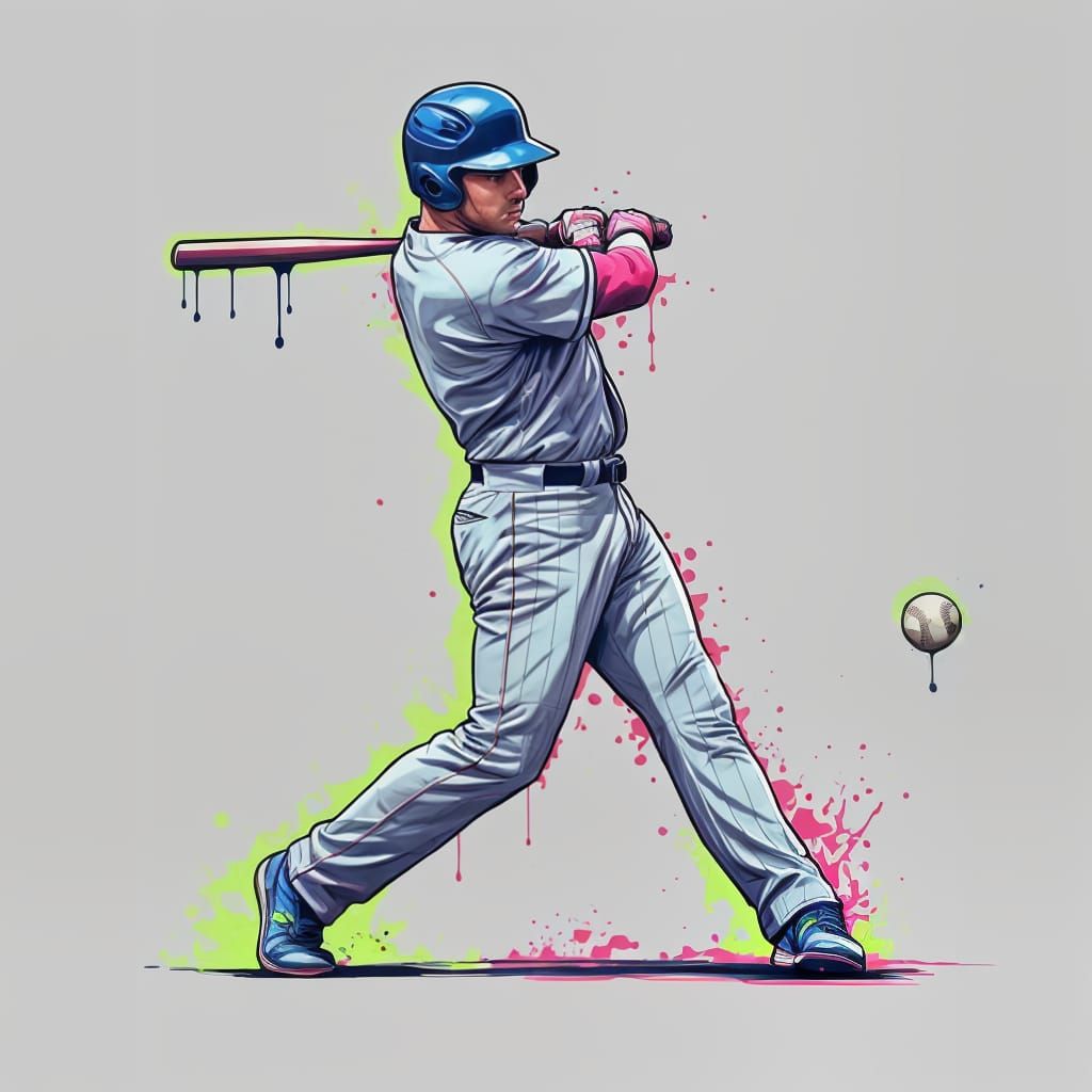 Baseball Player in Neon Hues Mid-Swing Action