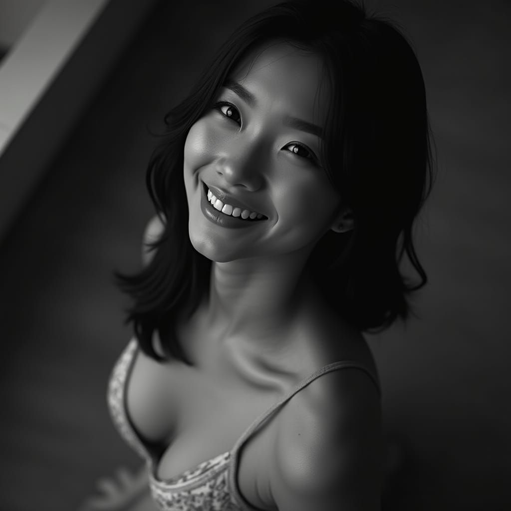 Intimate Monochrome Portrait of Smiling Asian Woman