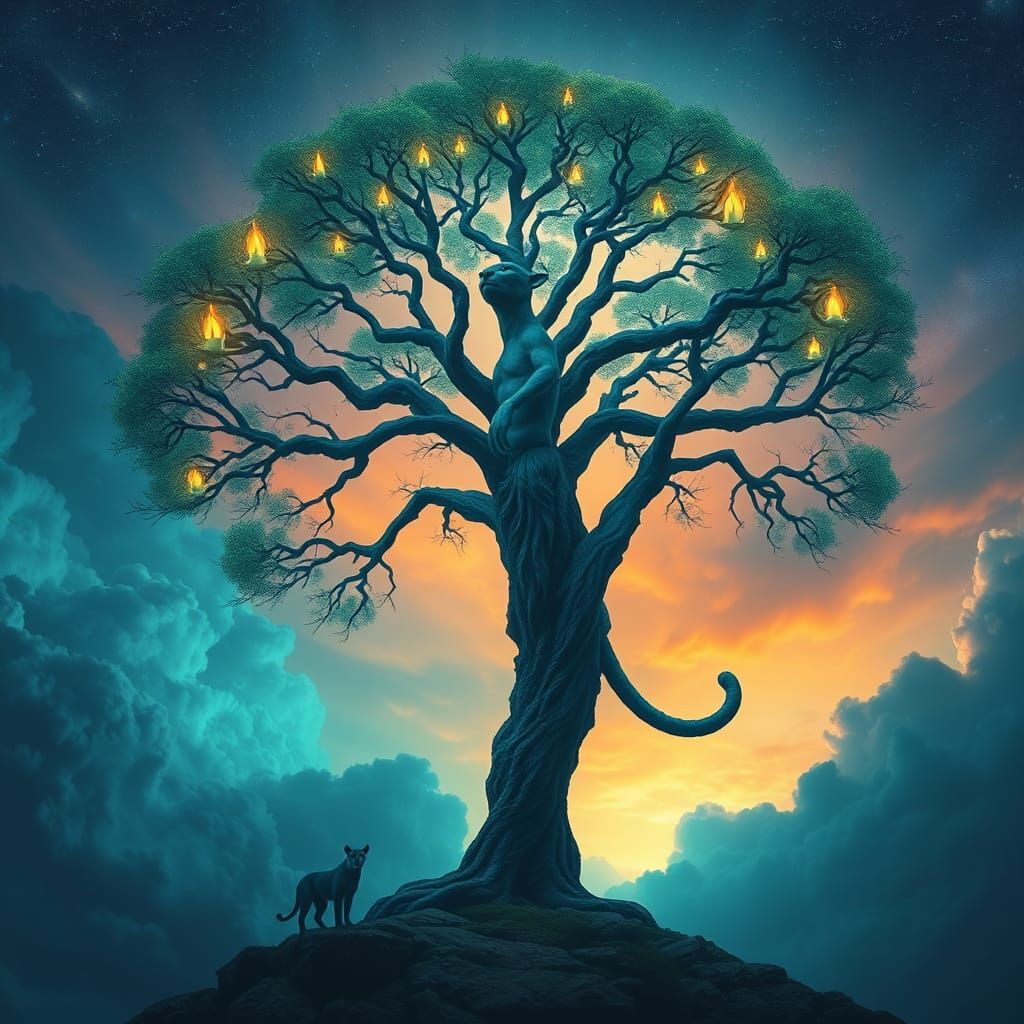 Surreal Six-Armed Panther in Mystic Teal Landscape