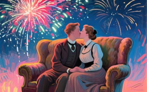 Couple's Gentle Kiss Amidst Fireworks in Early 20th Century ...