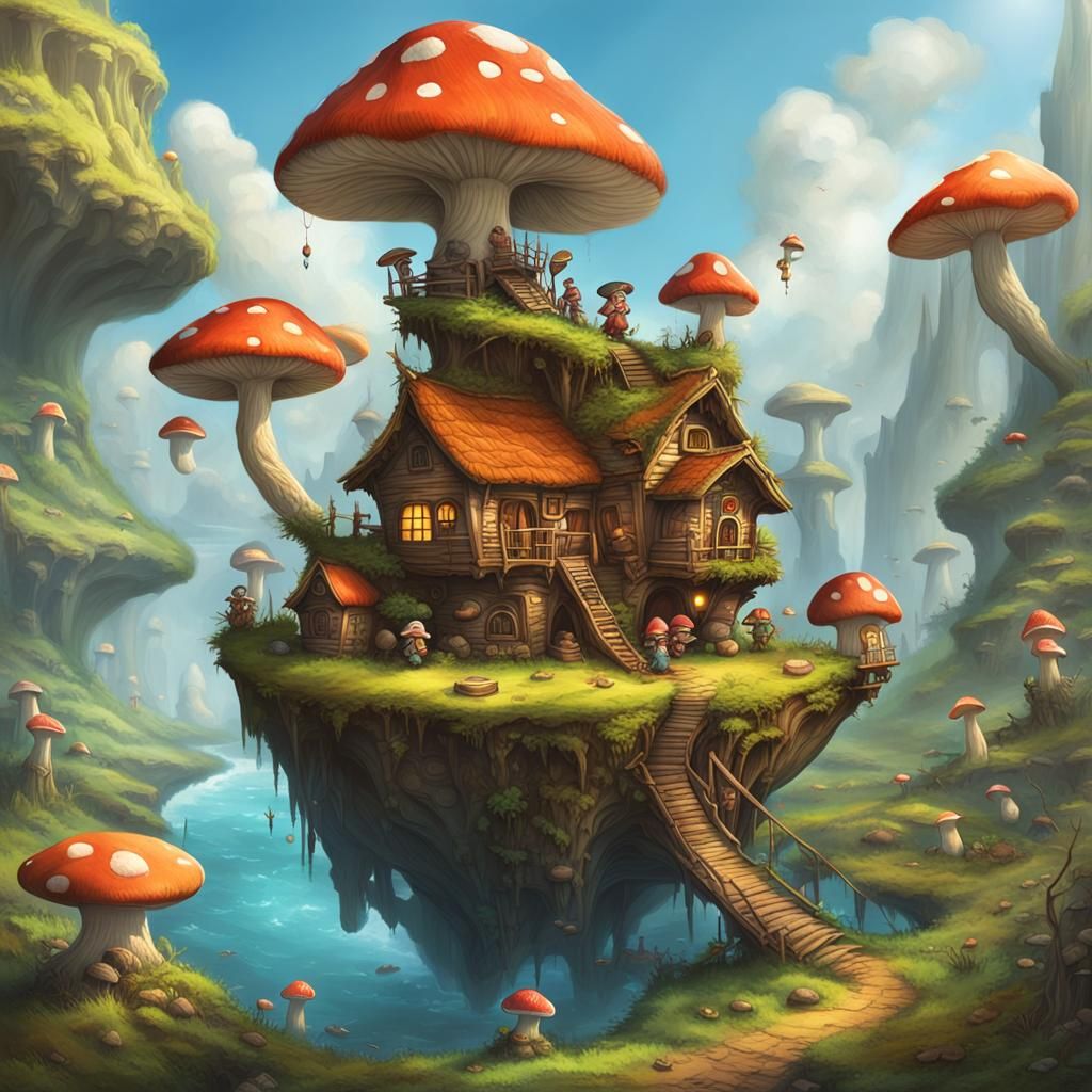 Fantasy Floating Island with Mushroom Houses