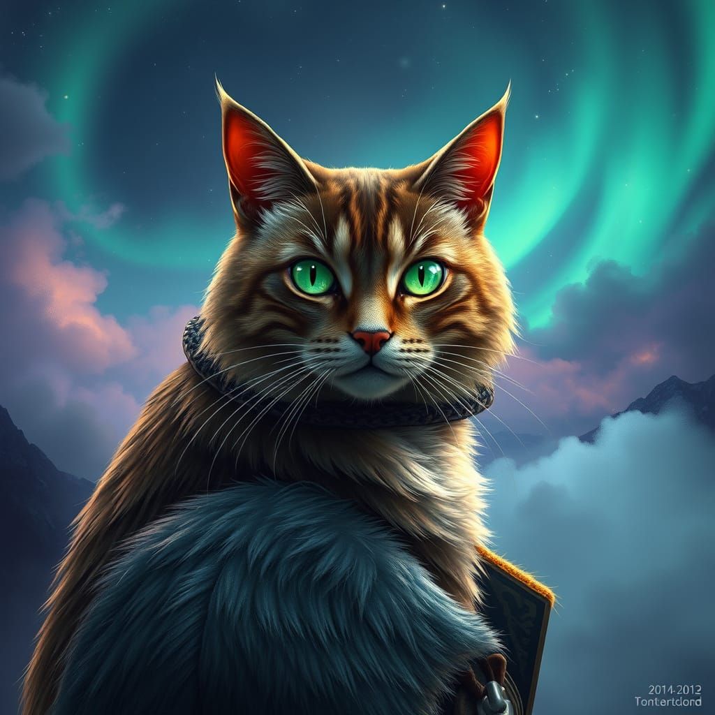 Regal Feline Figure in Dreamlike Landscape