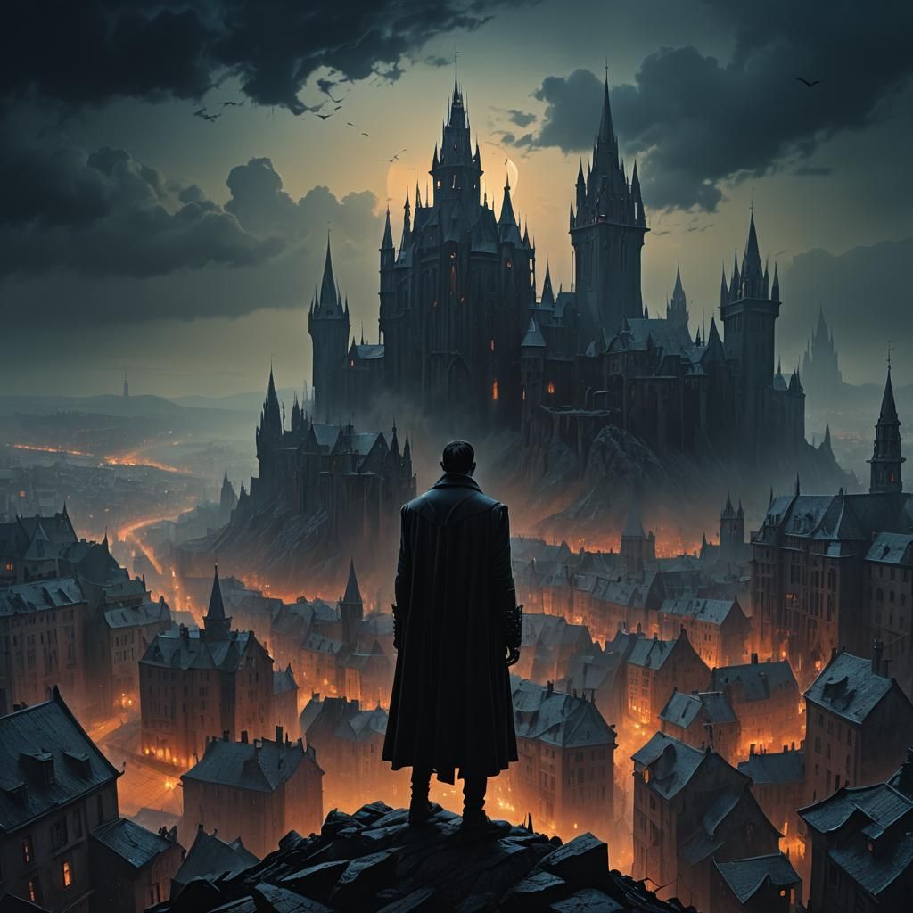 Vampire in Dimly Lit Gothic Cityscape