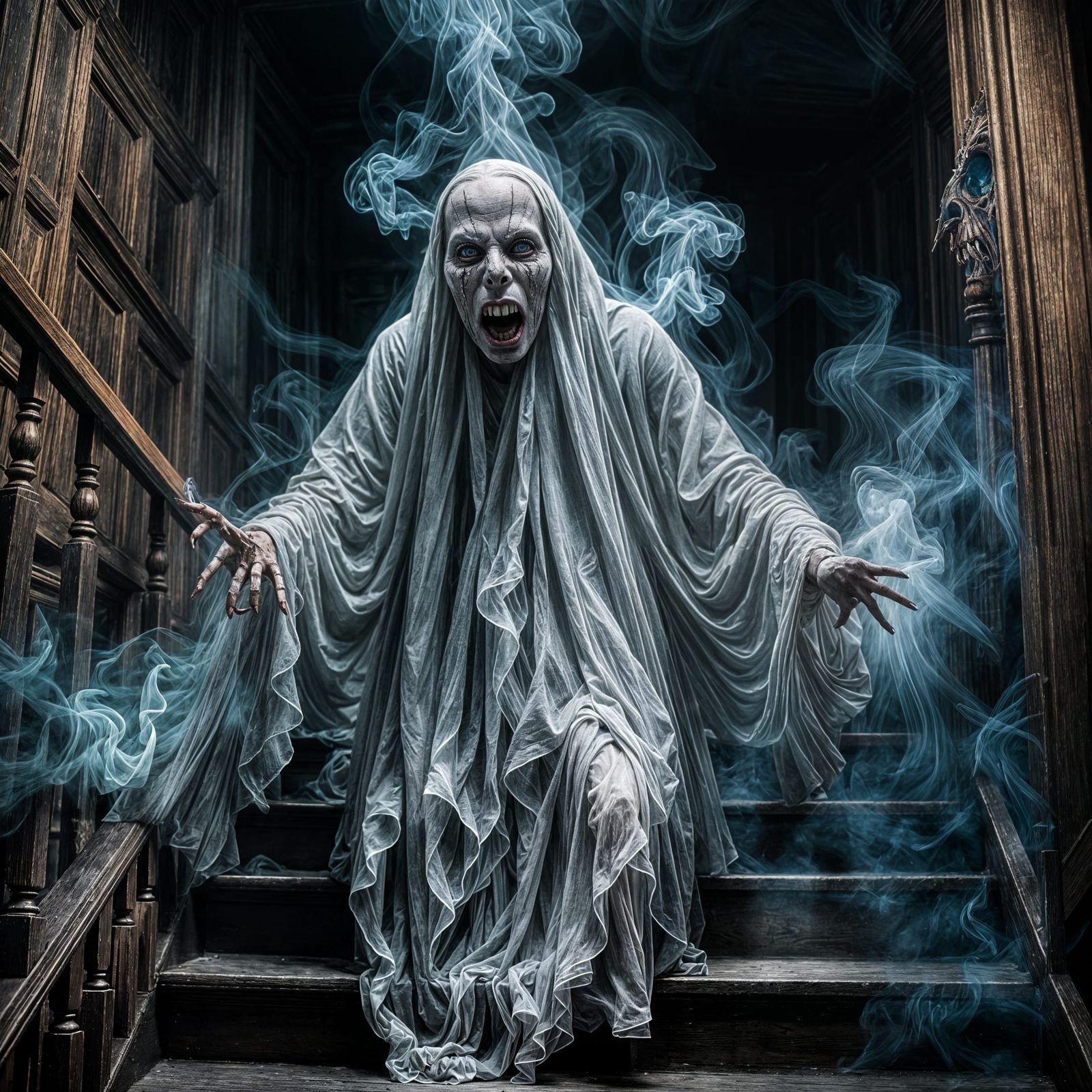Terrifying Neon Smoke Ghost Descending Staircase