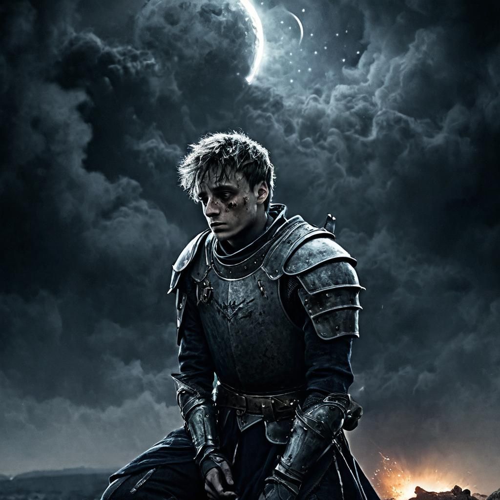 Dark Fantasy Knight Kneeling Under Starry Moons