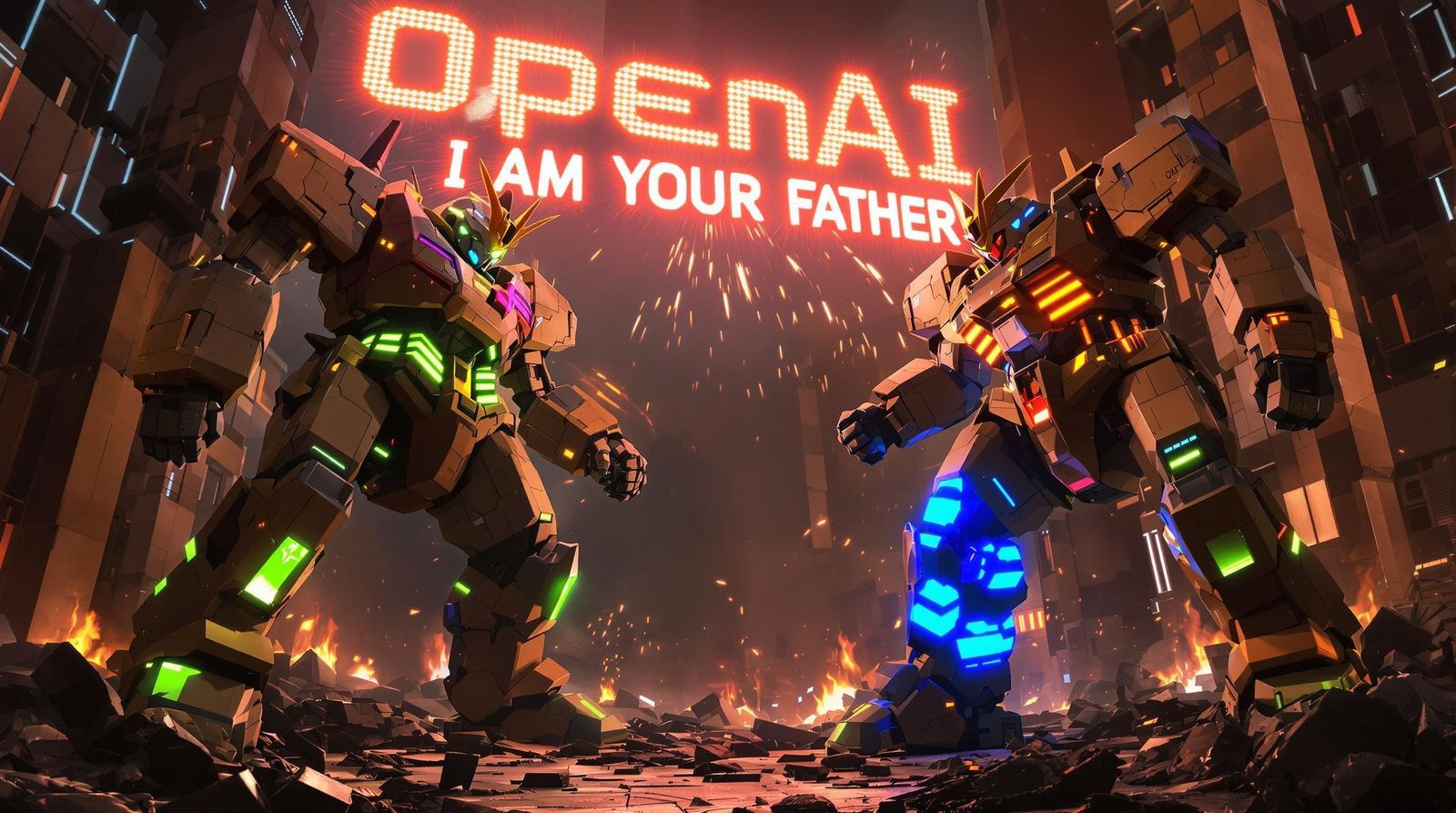 Gundam AI Warriors Clash in Cyberpunk Urban Decay