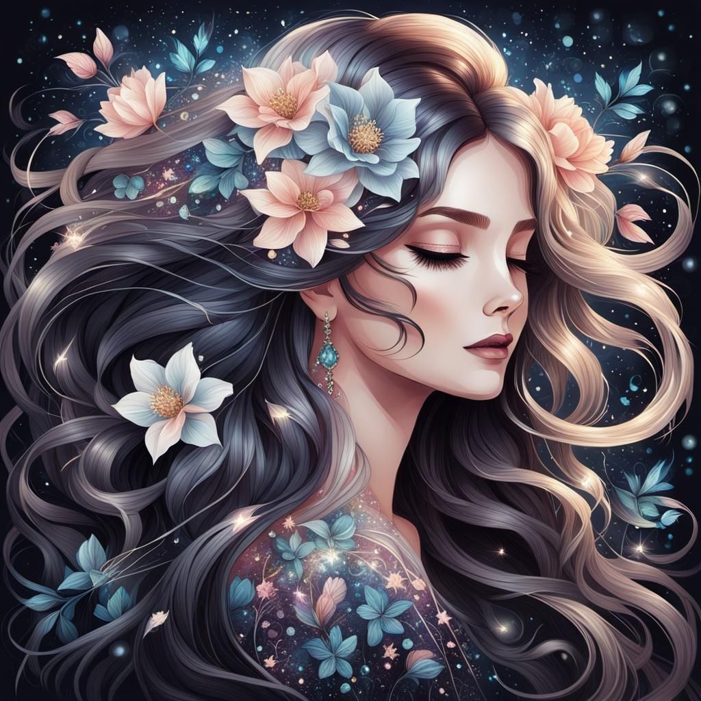 Girl with Flowers in Art Nouveau Style