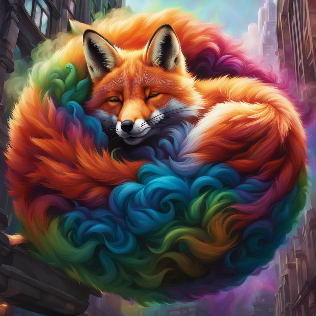 Fluffy Fox Asleep in City, Detailed Portrait
