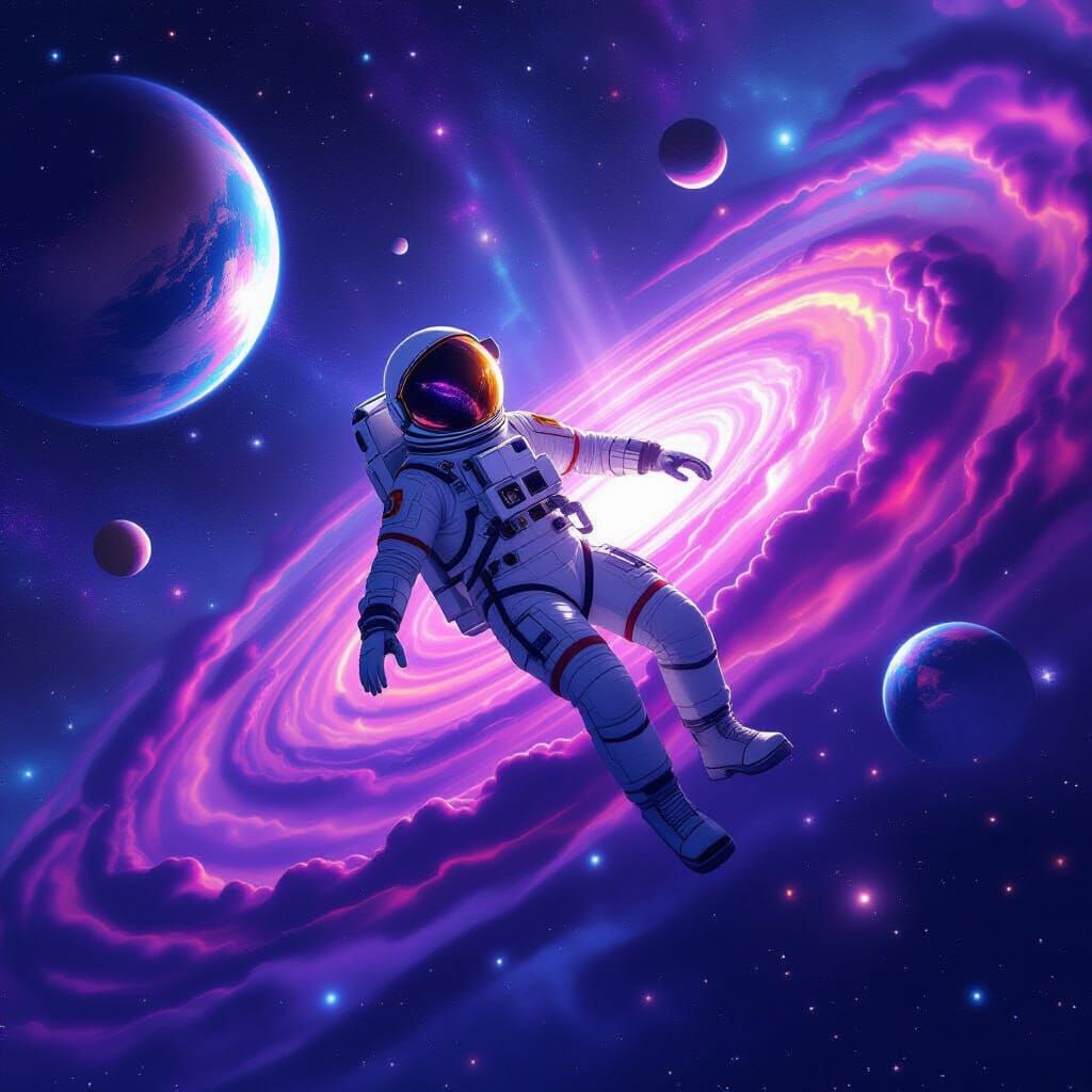 Astronaut Floating in a Vibrant Purple Galaxy