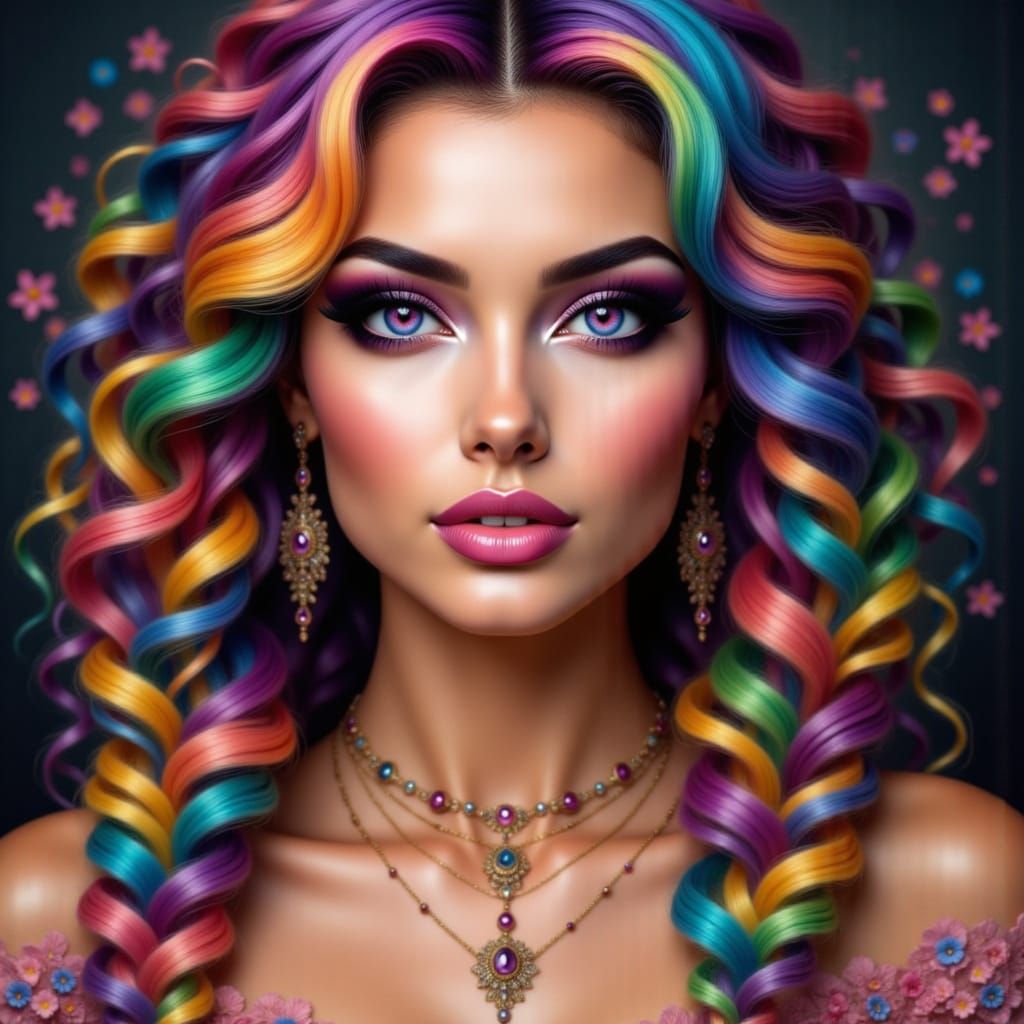 Glamorous Witch with Rainbow Braided Hair and Flowers