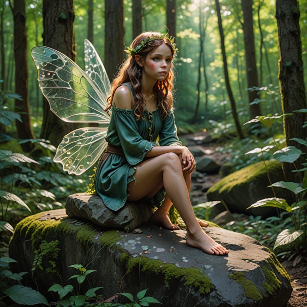 Human-Sized Fairy Sits Serenely in the Forest