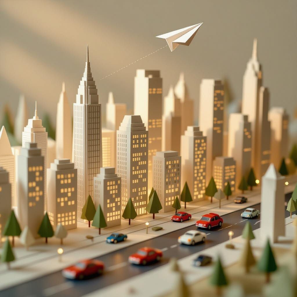 Miniature Paper Cityscape with Paper Airplane