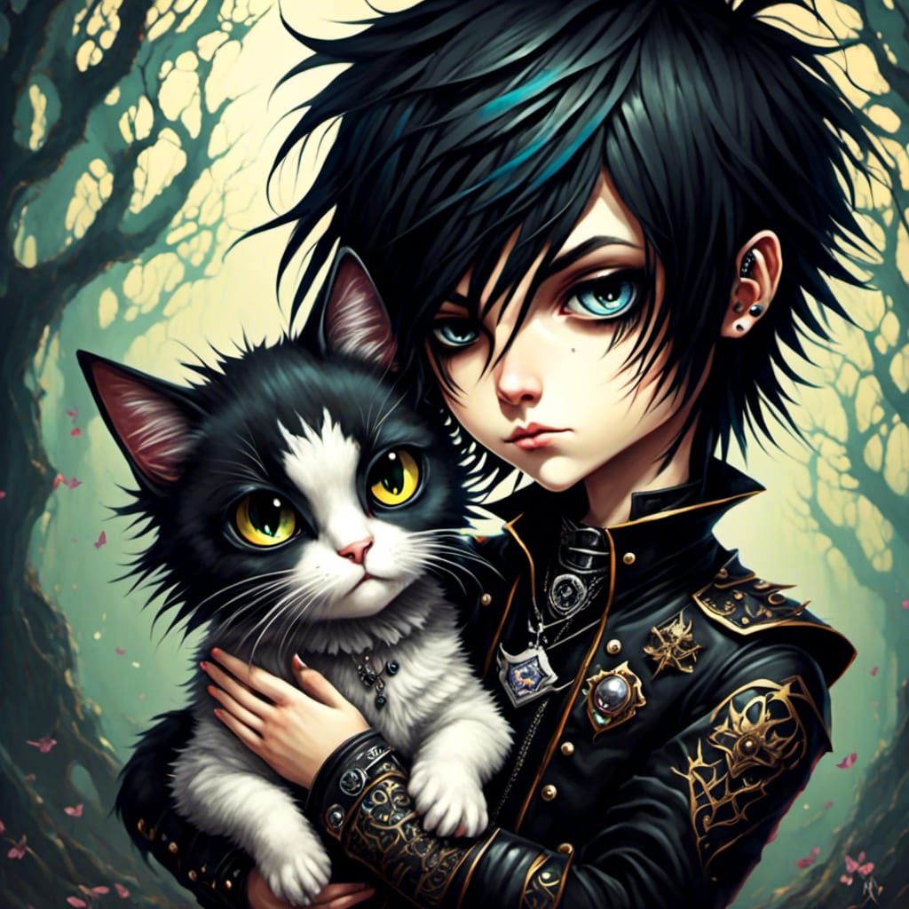 Chibi Emo Boy with Cat Illustration