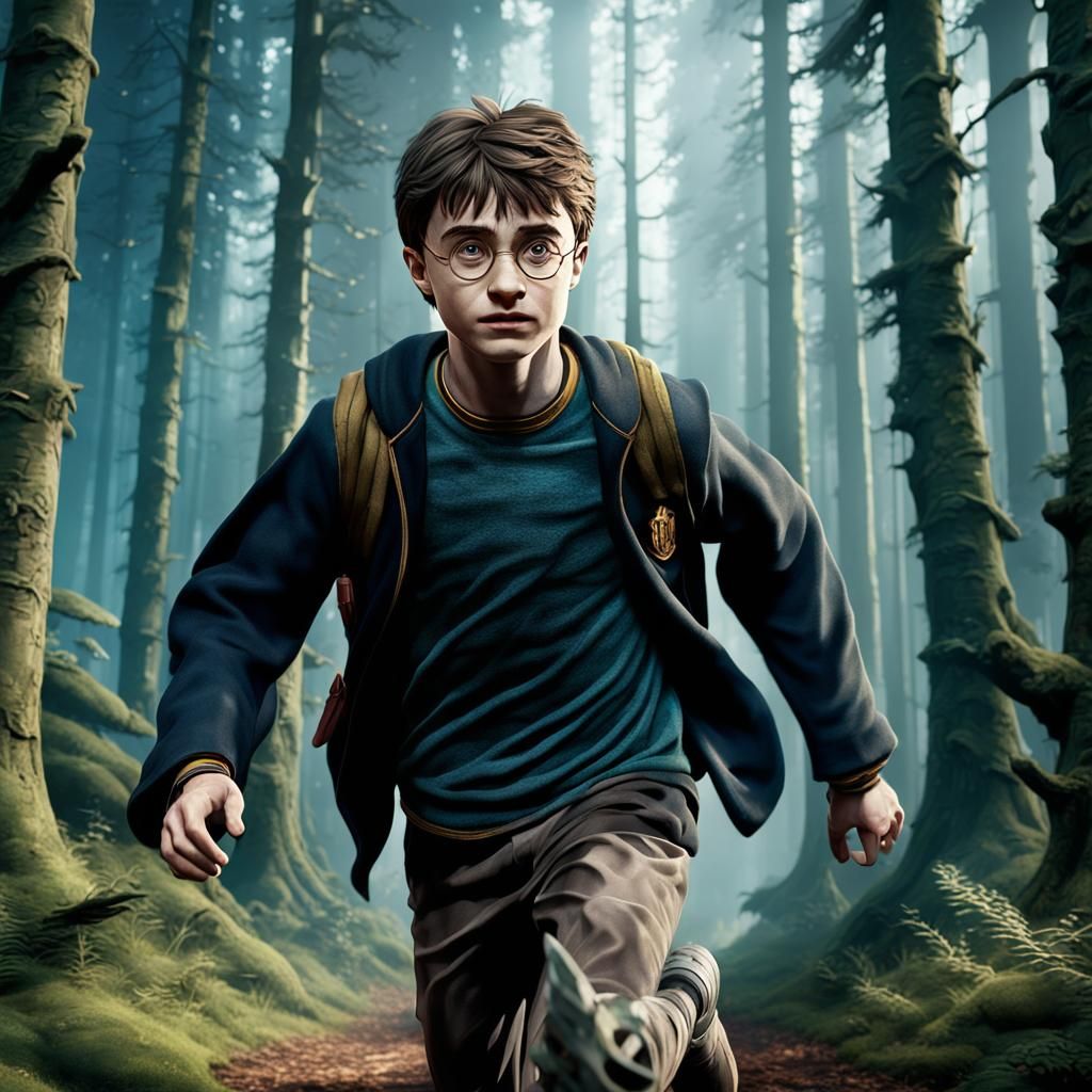Harry Potter Runs in a Dark Fantasy Forest
