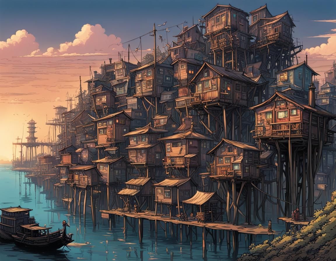Fantasy Shantytown on Stilts, Studio Ghibli Style