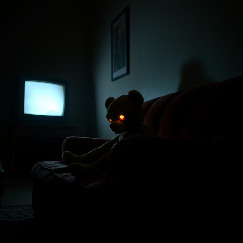 Eerie Teddy Bear in Dimly Lit Room