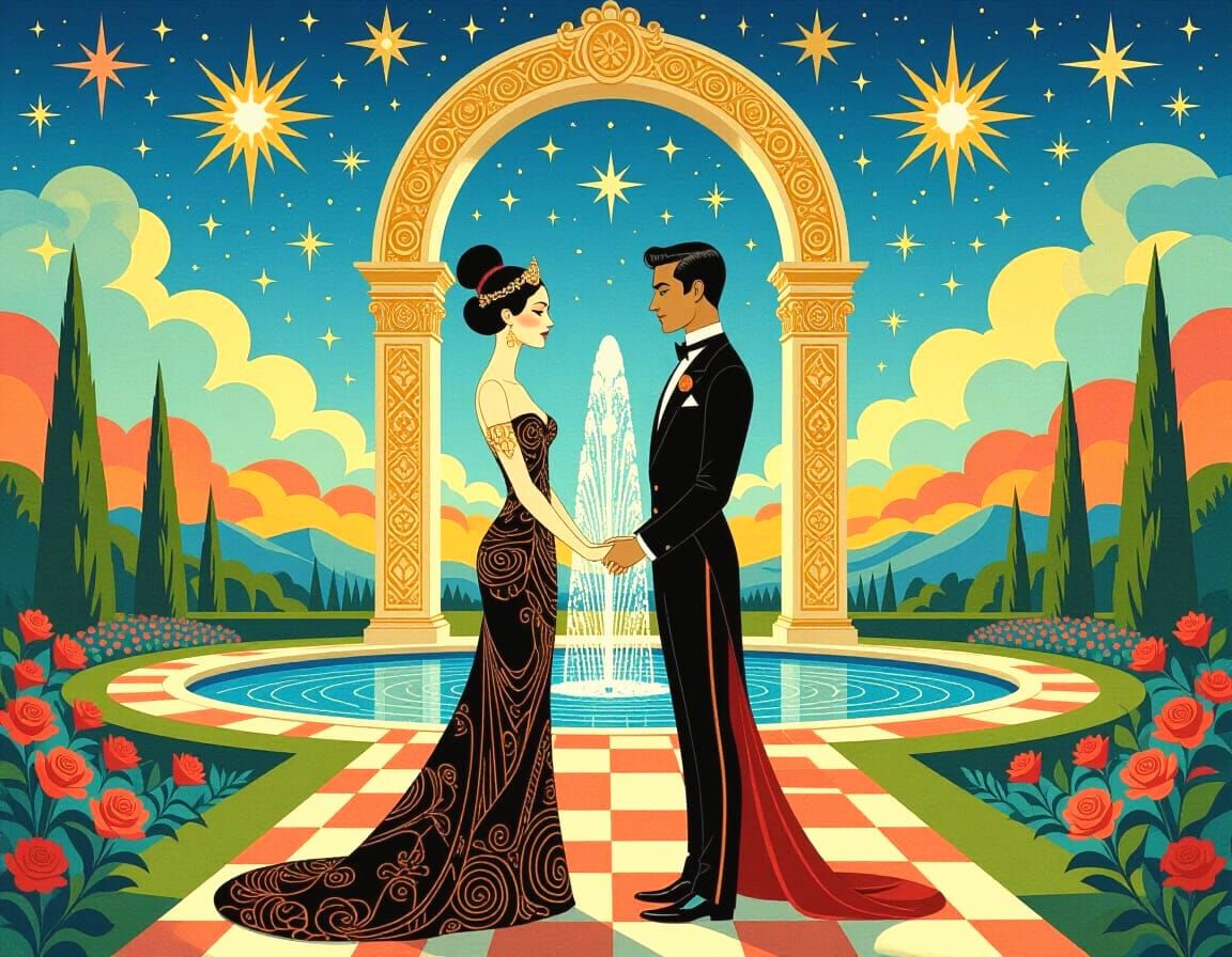 Art Deco Couple in Surreal Garden Landscape