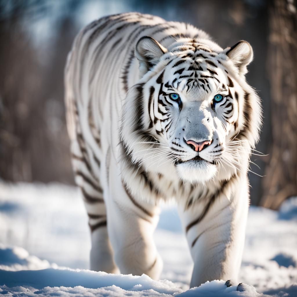 White Siberian Tiger in Snowy Landscape