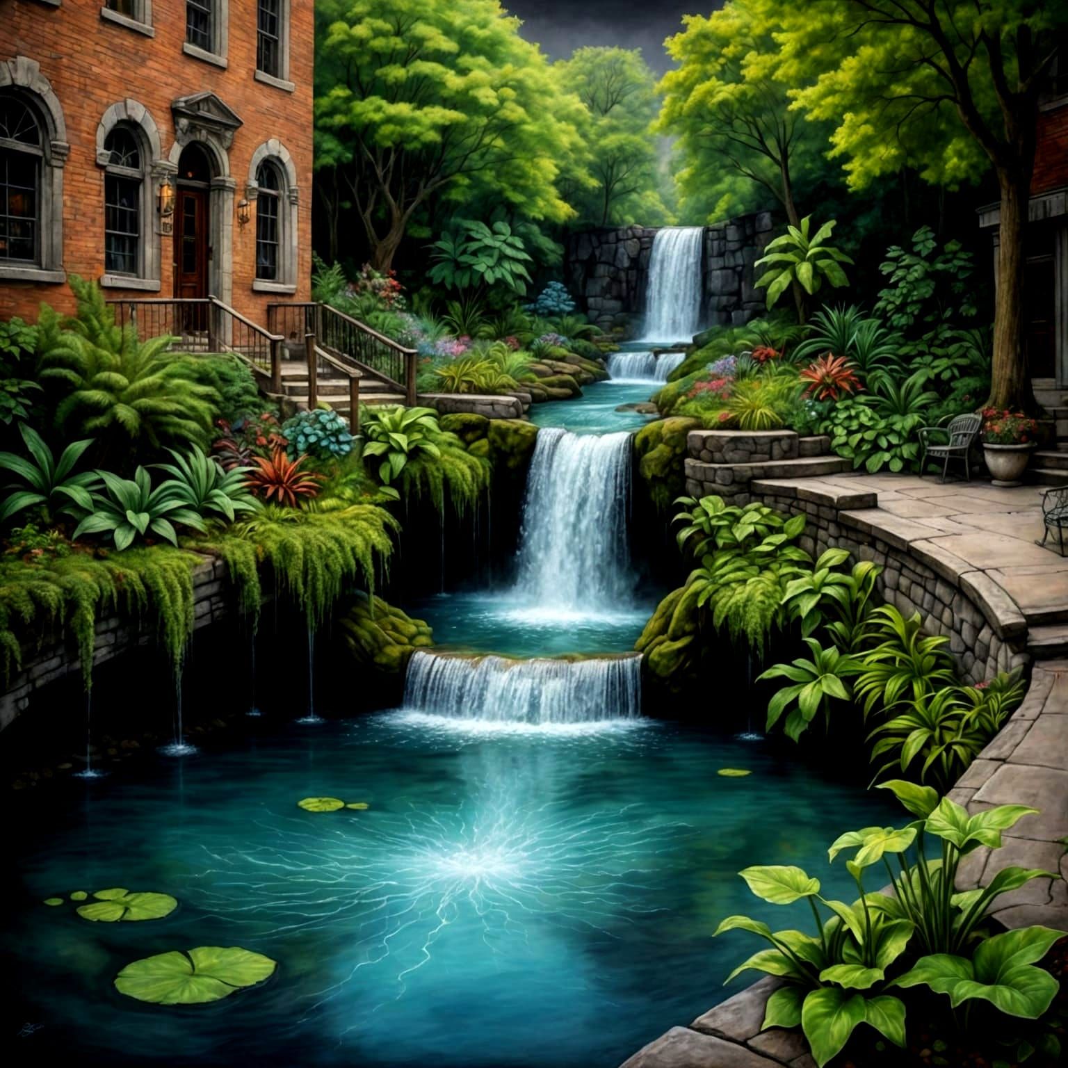 Lush Waterfall Lagoon as Chalk Art